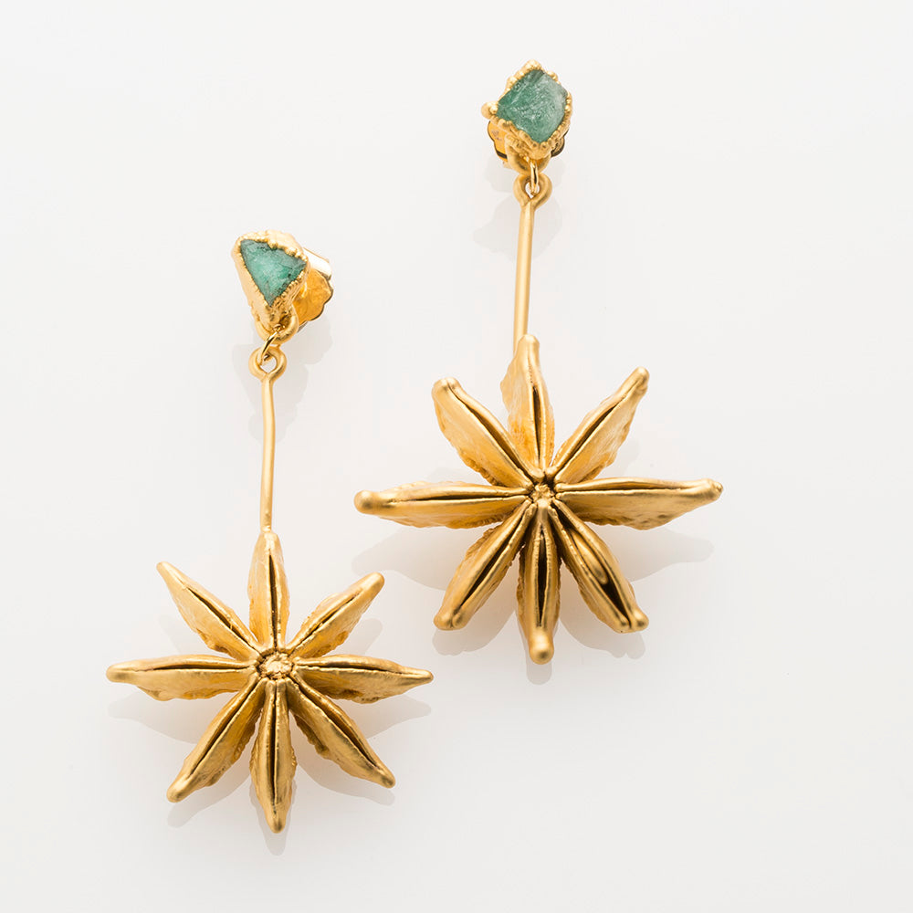 Star Anise Earrings with Raw Emerald