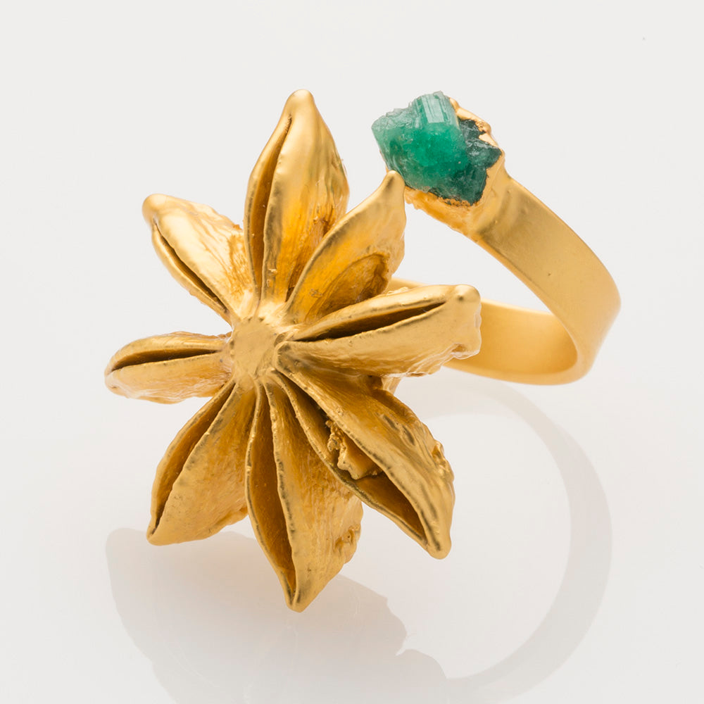 Star Anise Ring with Raw Emerald